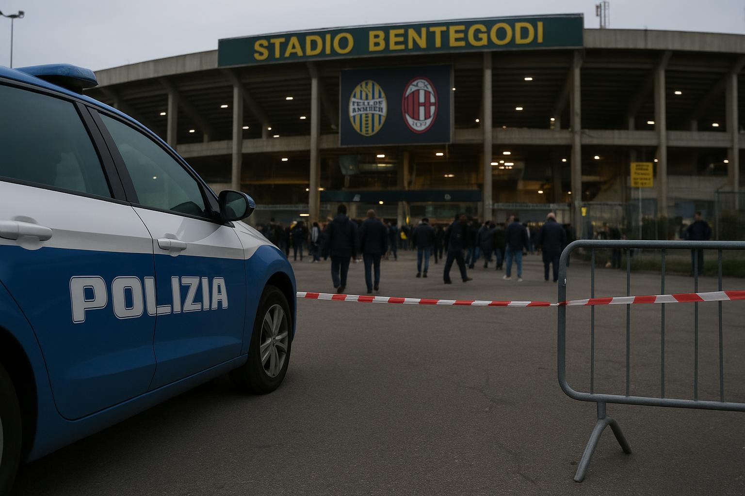 Buitenkant van het Stadio Bentegodi met politieaanwezigheid na een incident