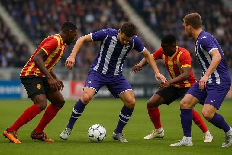 Spelers van RSC Anderlecht in actie tijdens KV Mechelen tegen Anderlecht