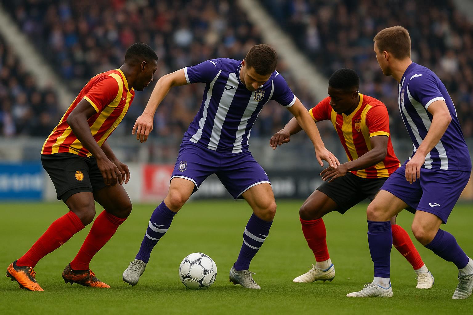 Spelers van RSC Anderlecht in actie tijdens KV Mechelen tegen Anderlecht