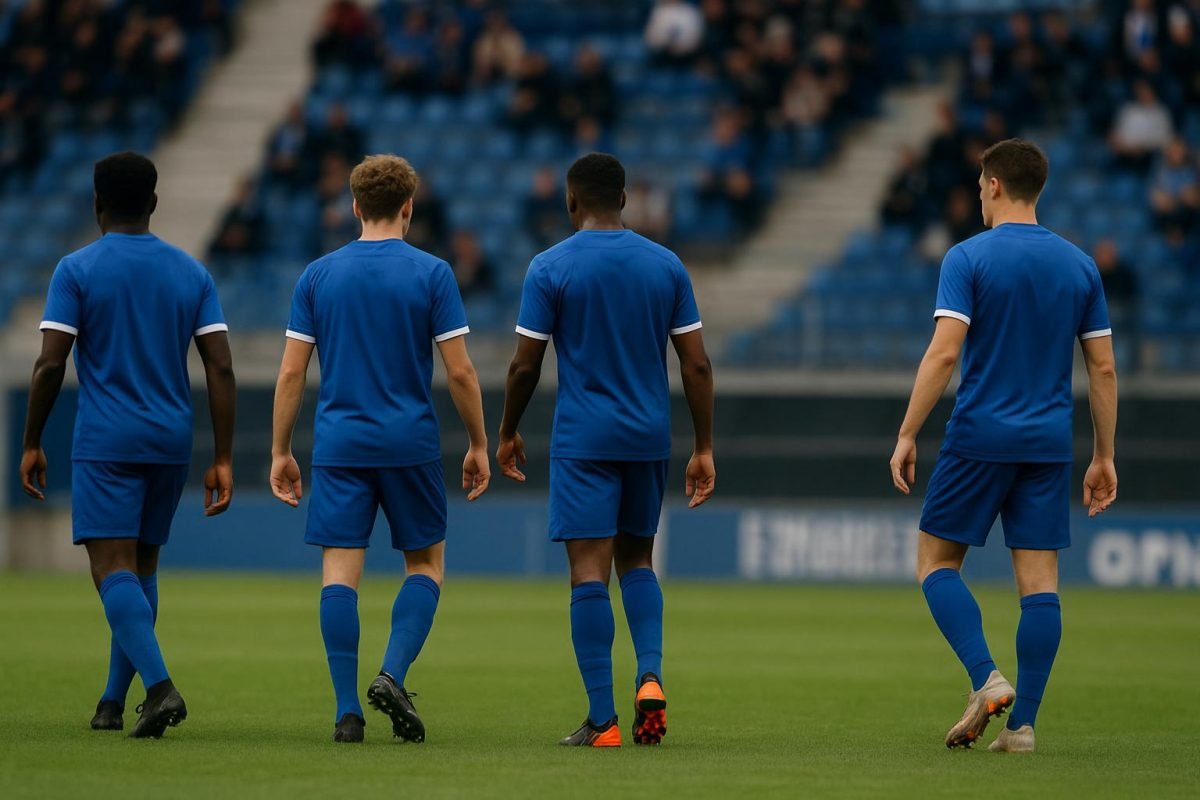 Sfeerbeeld van KRC Genk-spelers die samen vieren in het stadion