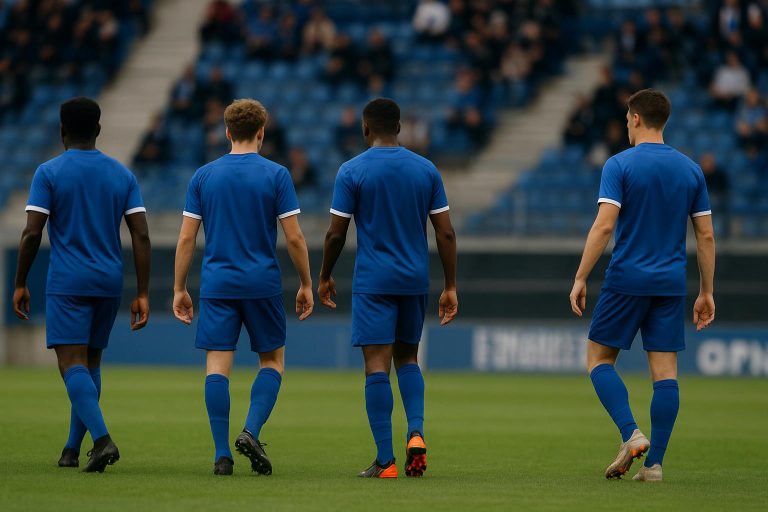 Sfeerbeeld van KRC Genk-spelers die samen vieren in het stadion