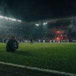 Een Belgisch stadion na een beladen play-offavond met supporters op de achtergrond