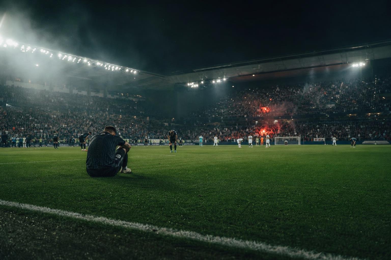 Een Belgisch stadion na een beladen play-offavond met supporters op de achtergrond