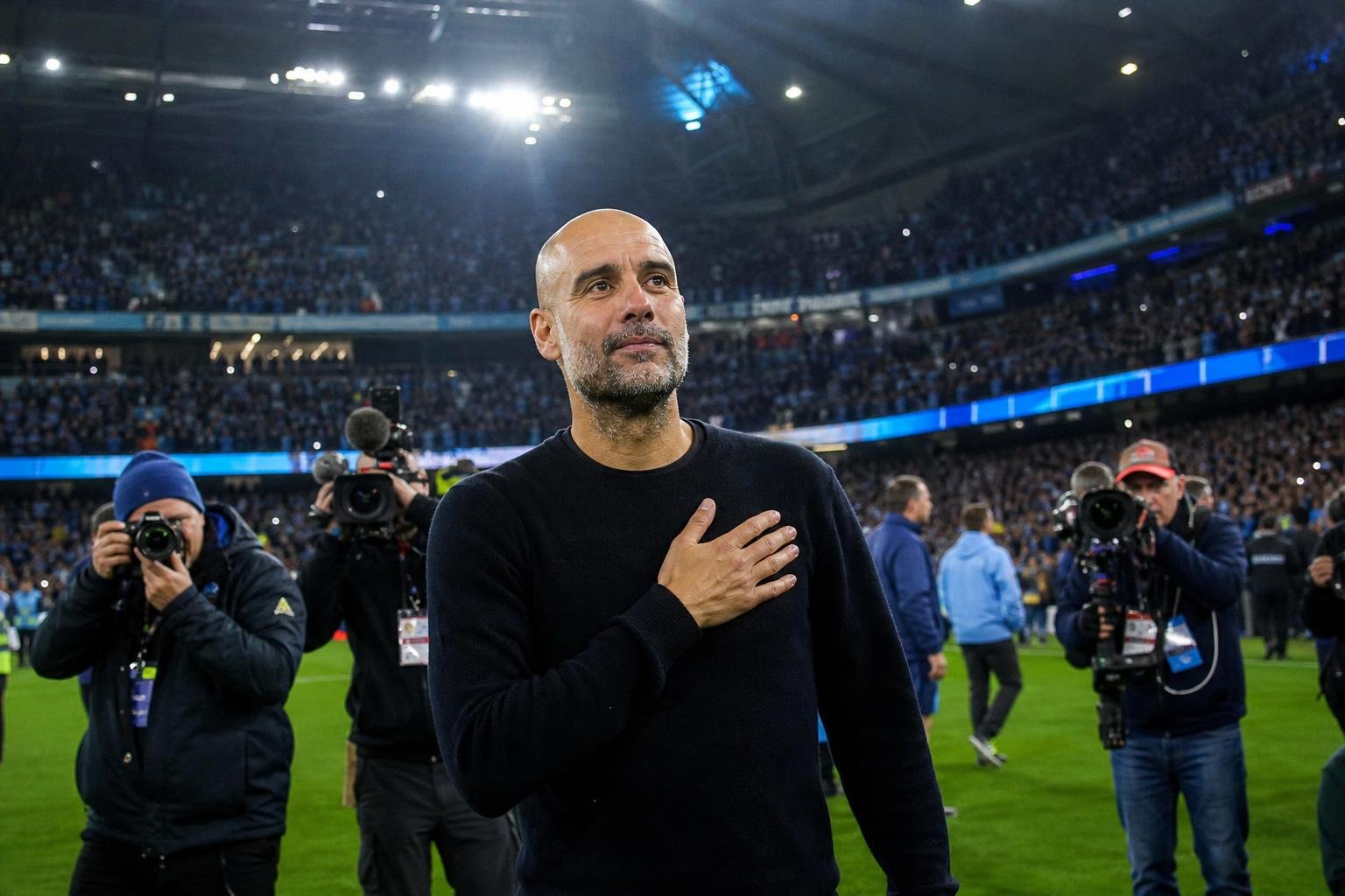 Pep Guardiola tijdens zijn emotionele afscheid bij Manchester City