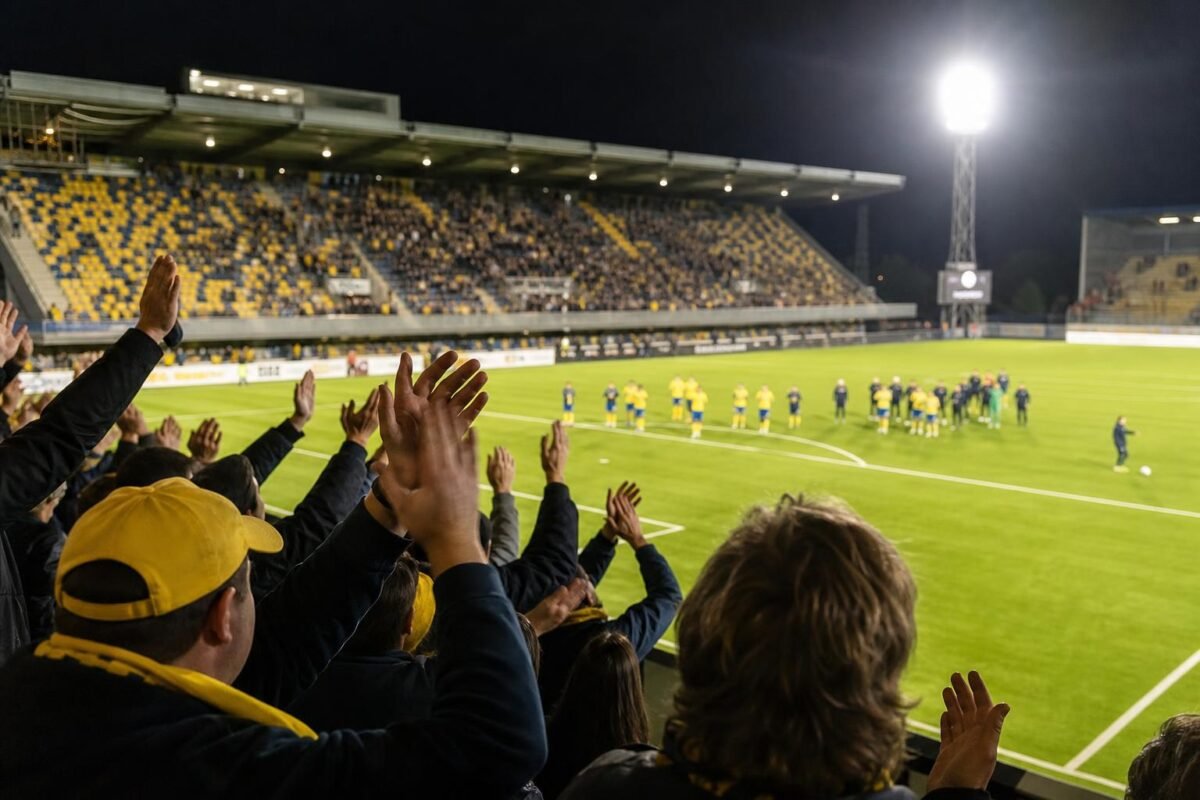 STVV-supporters applaudisseren op Stayen na de ruime zege tegen KV Mechelen