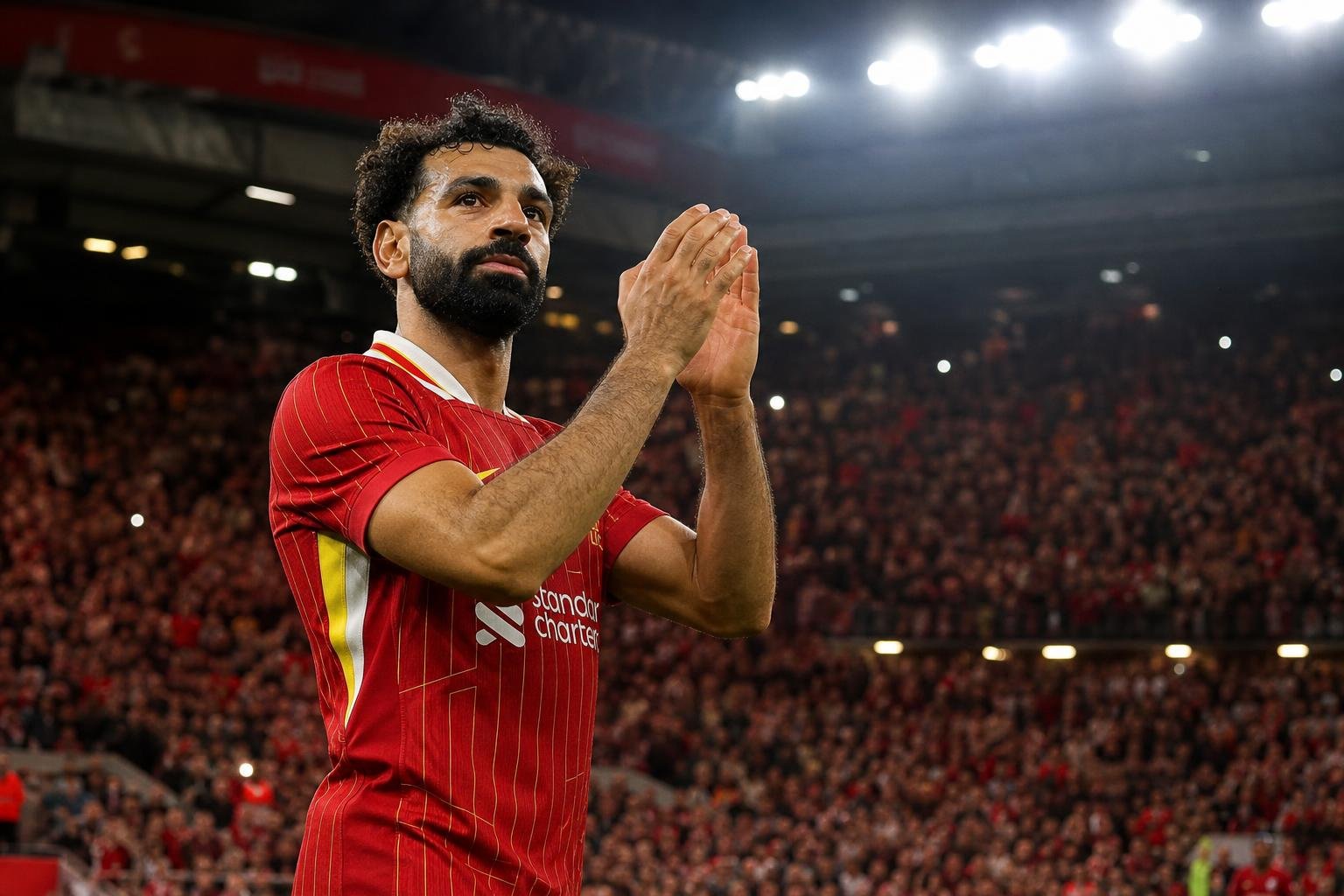 Mohamed Salah tijdens een emotioneel afscheid op Anfield na Liverpool-Brentford