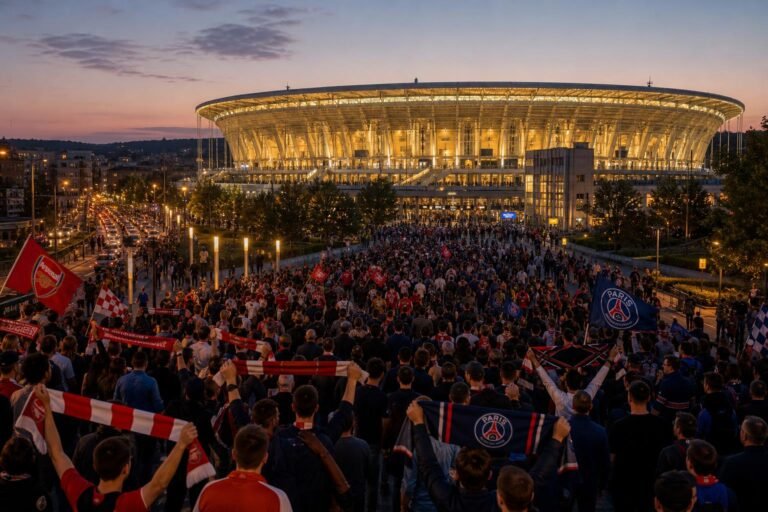Vroege avondsfeer rond een Champions League-finale met supporters aan het stadion.