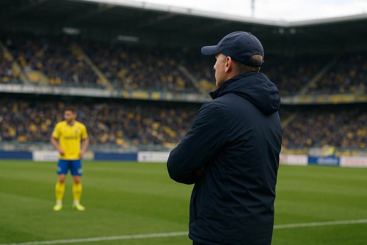 David Hubert langs de zijlijn tijdens STVV tegen Union SG op Stayen