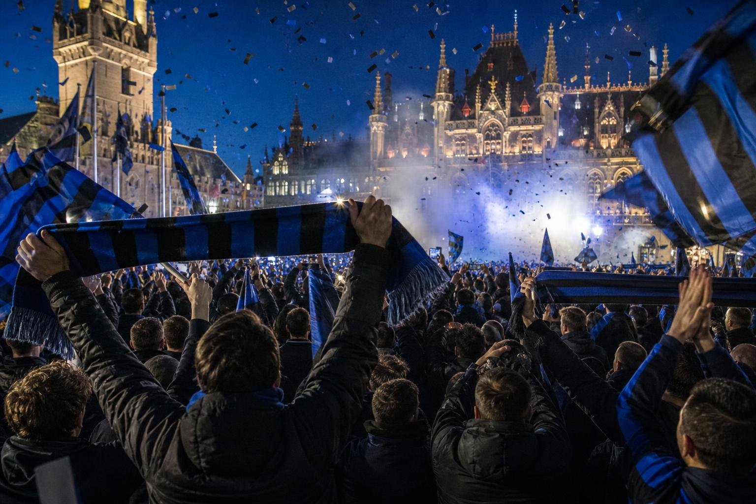 Supporters van Club Brugge vieren de titel tijdens een huldiging.