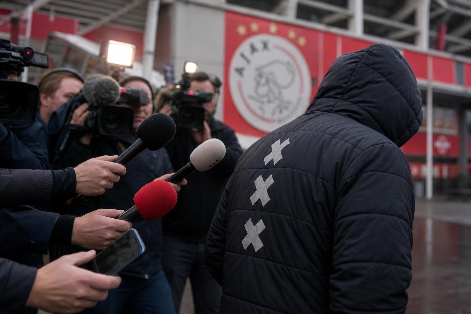 Tense Ajax press atmosphere near the stadium linked to club unrest and calls for change.