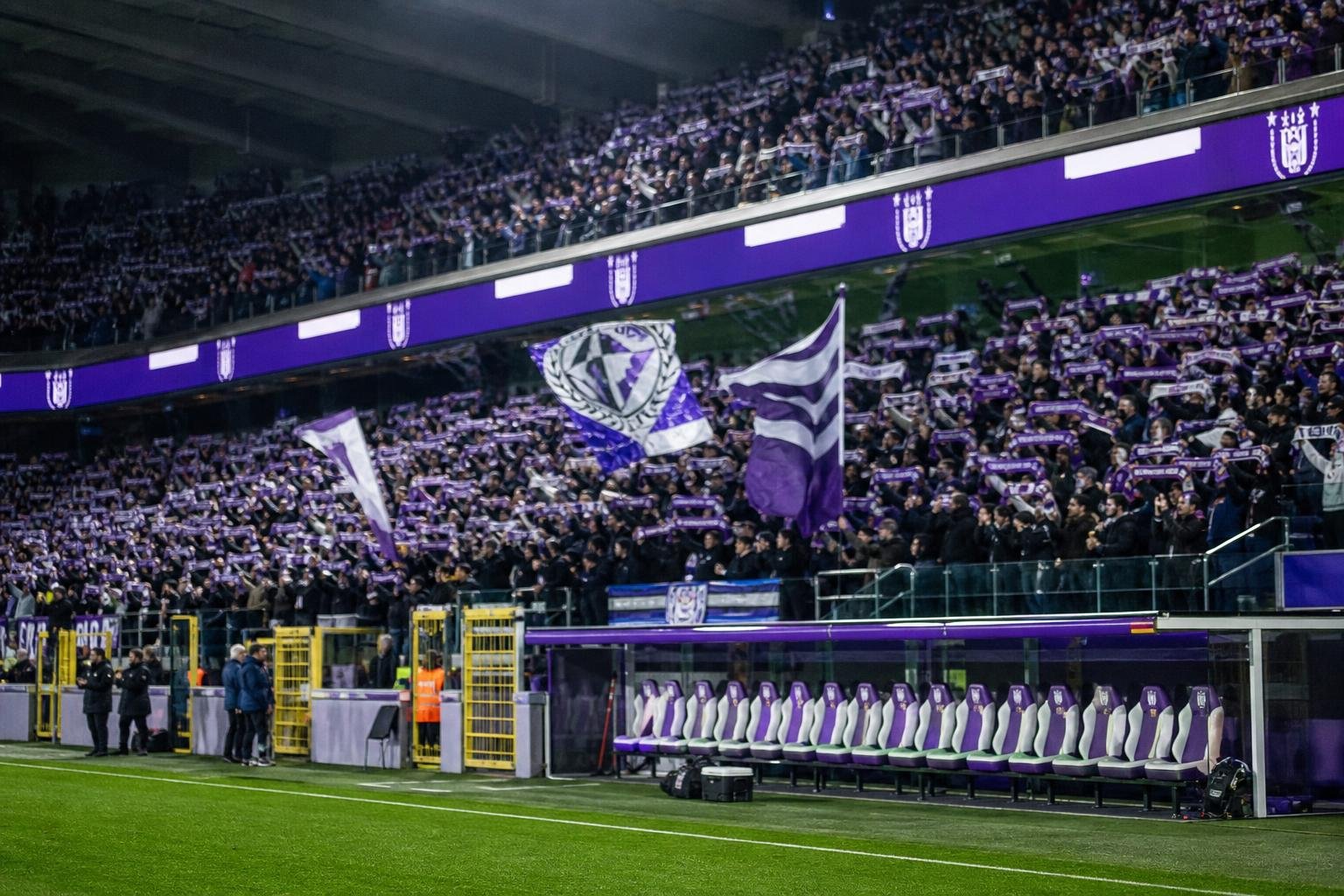 Supporters van RSC Anderlecht in paars-witte sfeer tijdens de zoektocht naar een nieuwe trainer