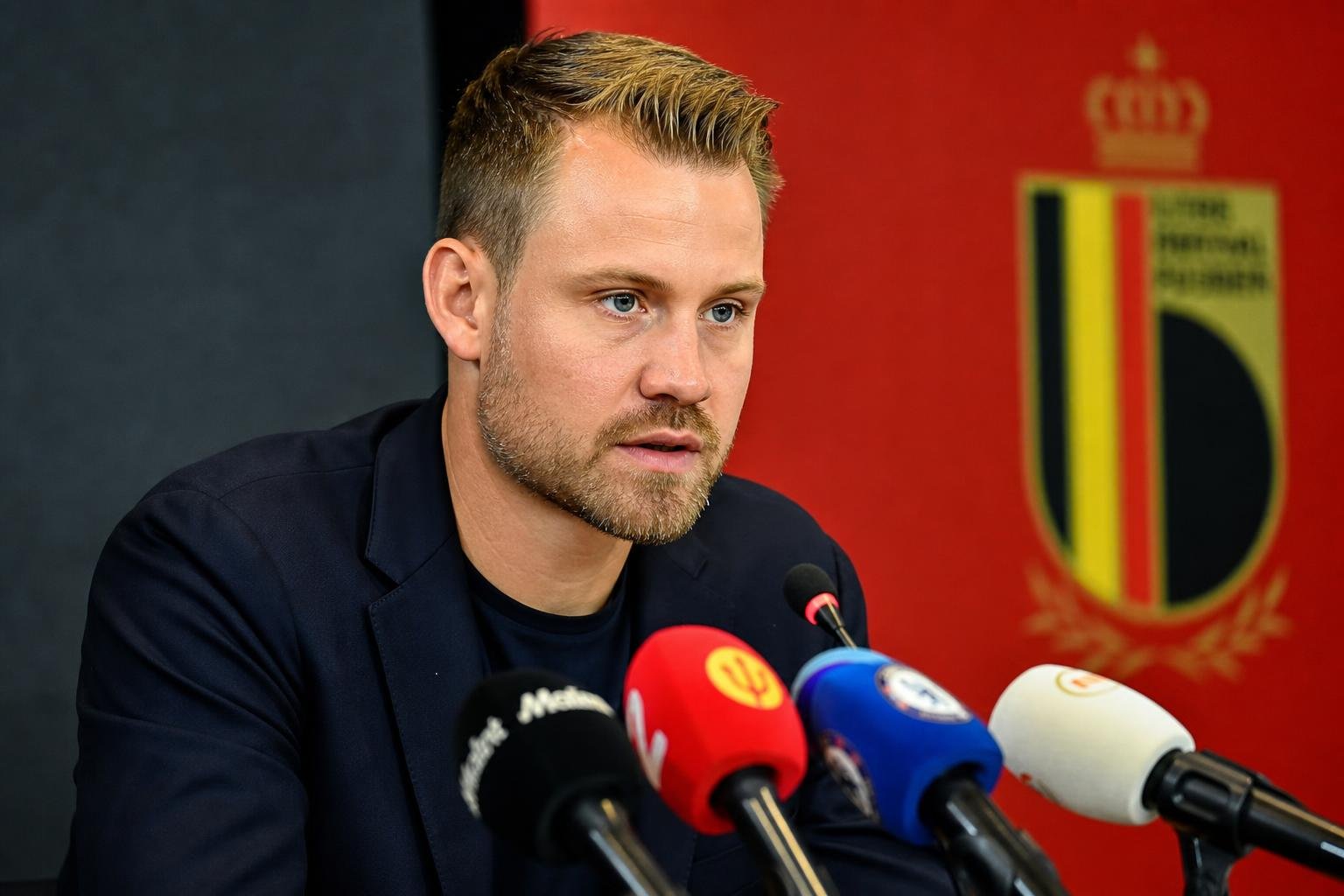 Simon Mignolet in een perscontext rond zijn nieuwe rol bij de Belgische voetbalbond