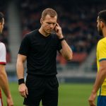 Scheidsrechter in een Belgisch stadion tijdens een VAR-moment rond een penaltyfase