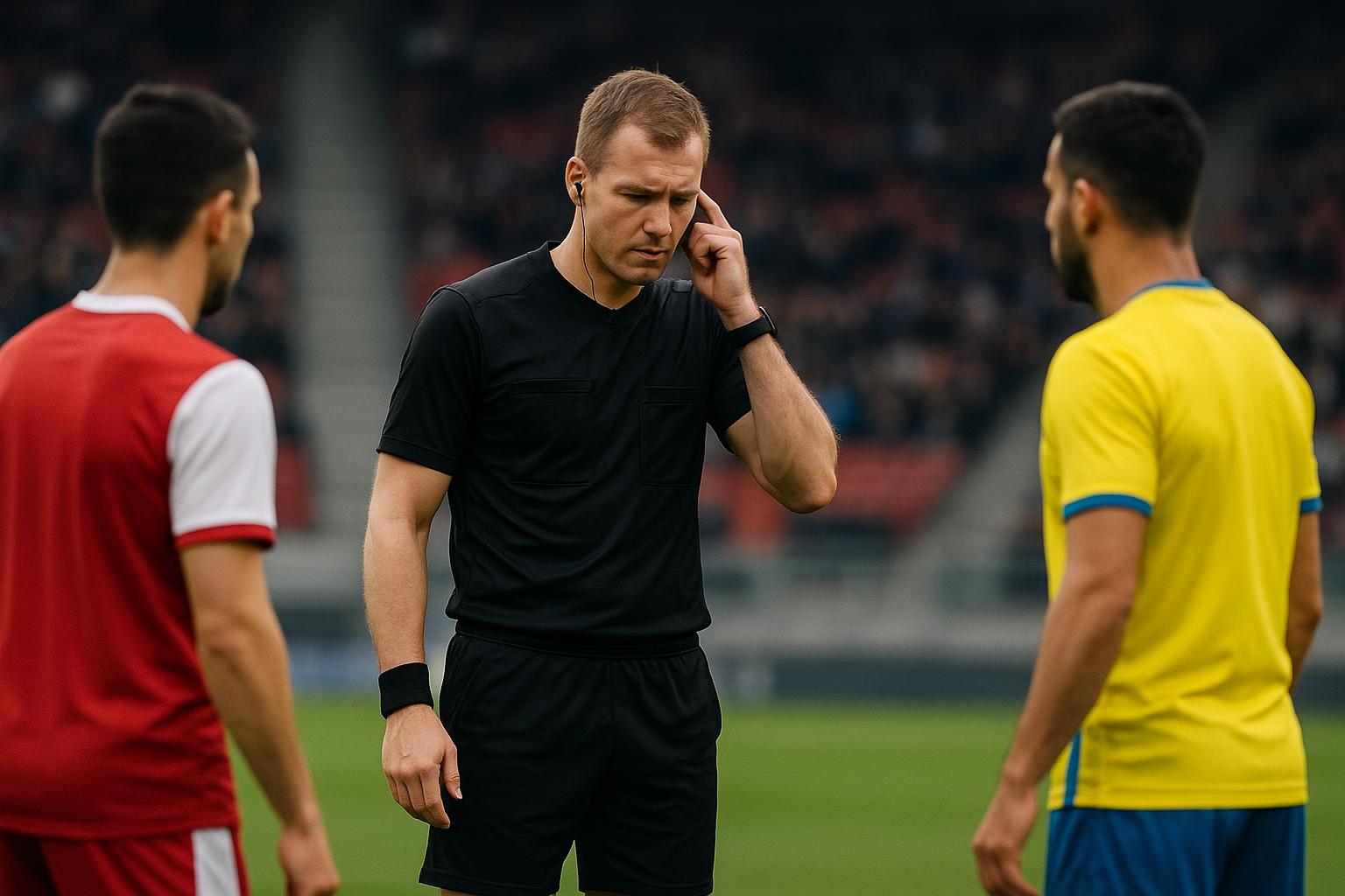 Scheidsrechter in een Belgisch stadion tijdens een VAR-moment rond een penaltyfase