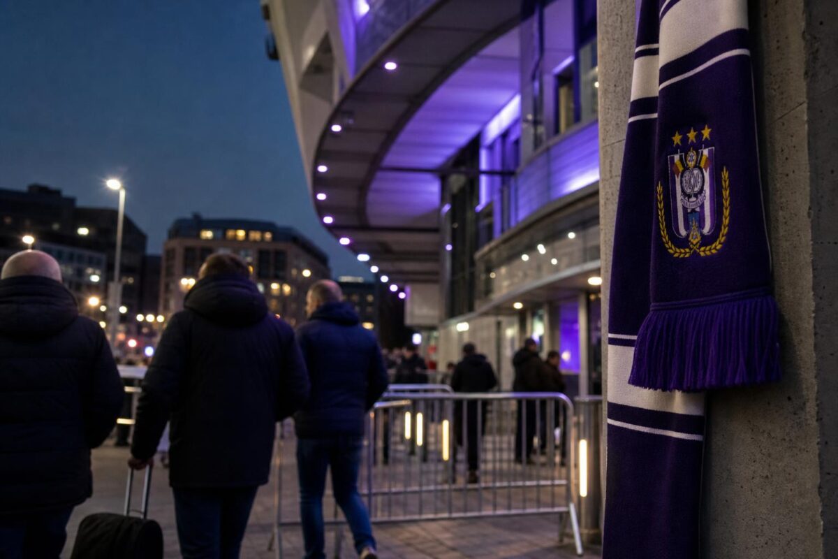 Transfercontext rond Anderlecht in een paars-witte stadionomgeving zonder herkenbare gezichten