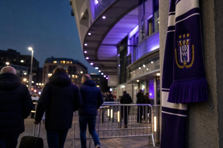 Transfercontext rond Anderlecht in een paars-witte stadionomgeving zonder herkenbare gezichten