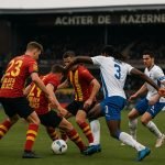 Spelers van KV Mechelen vieren een doelpunt in de Champions’ Play-Offs tegen KAA Gent in het Achter de Kazerne-stadion.