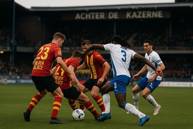 Spelers van KV Mechelen vieren een doelpunt in de Champions’ Play-Offs tegen KAA Gent in het Achter de Kazerne-stadion.