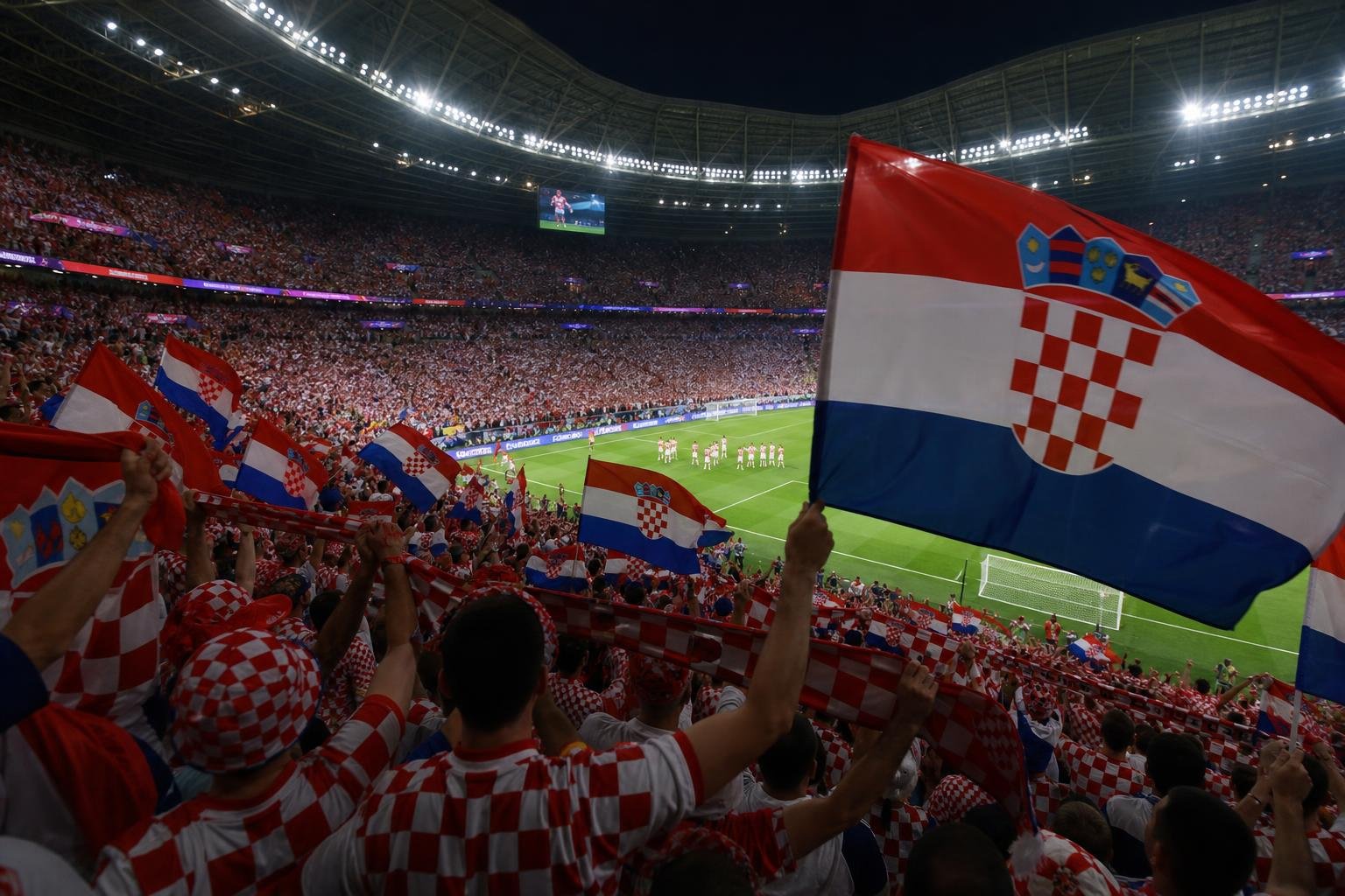 Kroatische WK-sfeer in een vol stadion met supporters en vlaggen