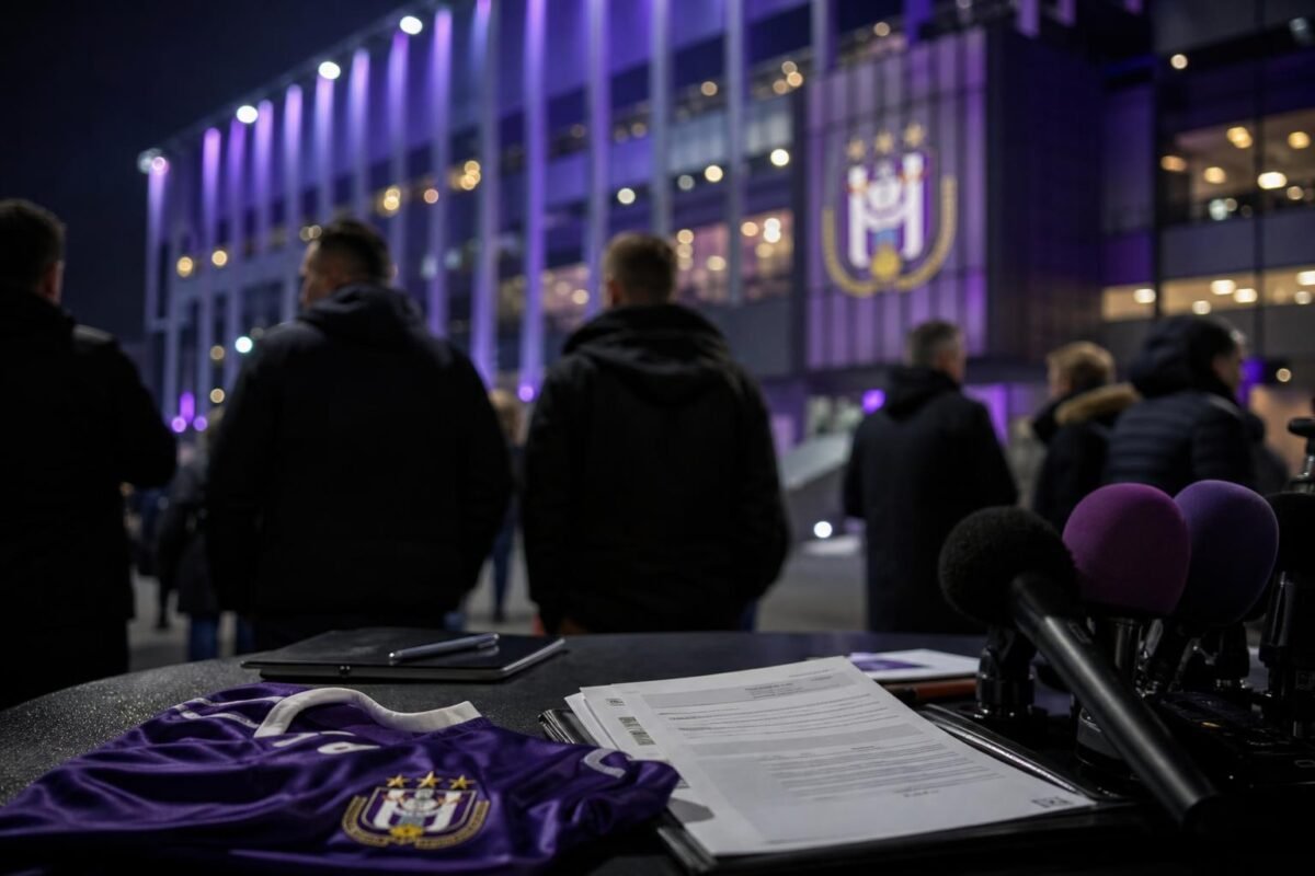 Transferdruk rond RSC Anderlecht in een paarse stadionomgeving zonder herkenbare gezichten