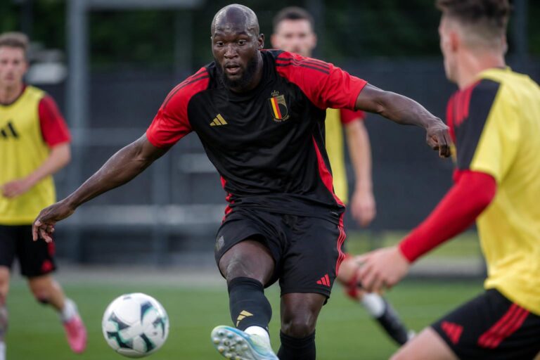 Romelu Lukaku tijdens een oefenwedstrijd van de Rode Duivels.