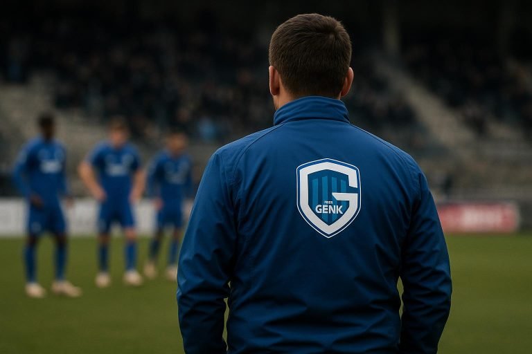 Teleurgestelde coach Nicky Hayen van KRC Genk langs de zijlijn