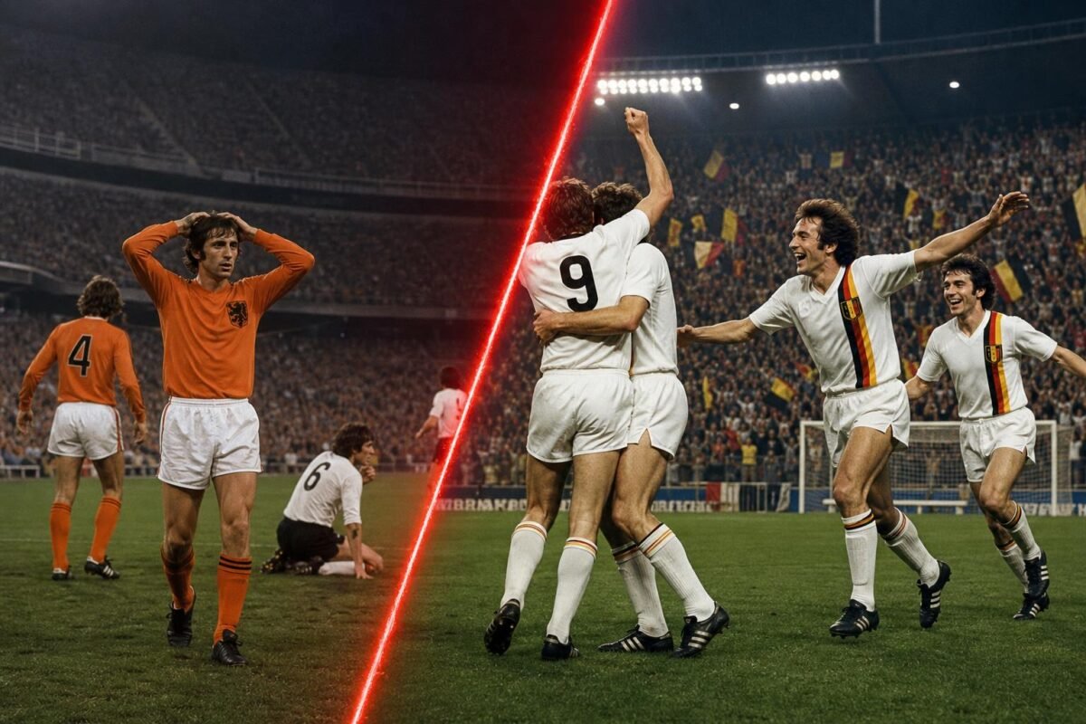 Belgische spelers vieren tegen Nederland in 1973