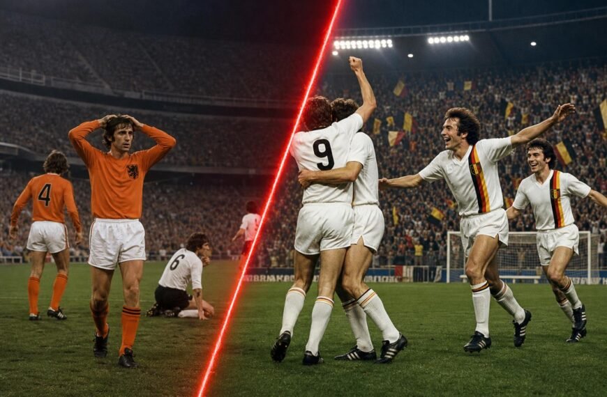 Belgische spelers vieren tegen Nederland in 1973