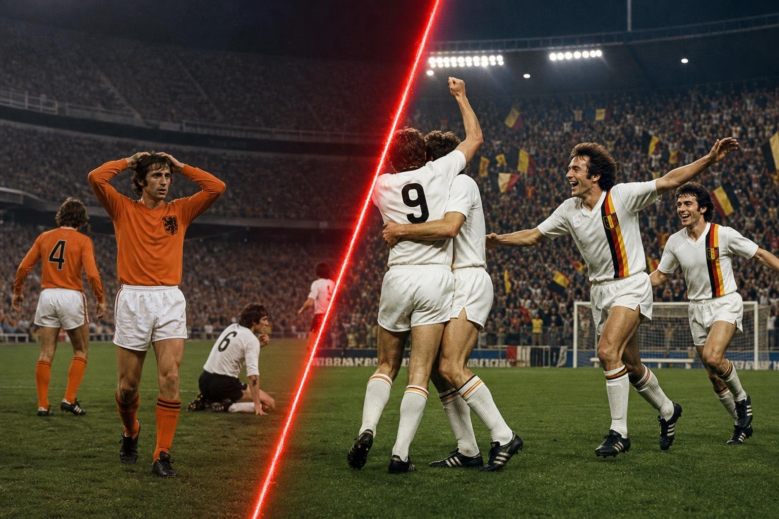 Belgische spelers vieren tegen Nederland in 1973
