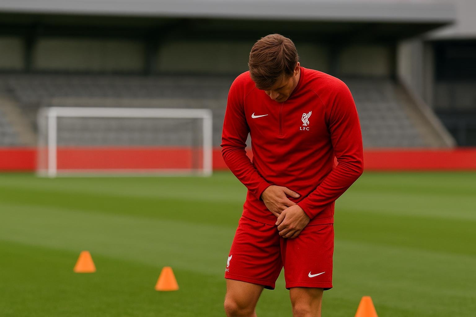 Een Liverpool-speler op training met een blessure, zonder herkenbare gezichten.