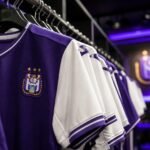 Paarse en witte voetbalshirts in een stadionomgeving van RSC Anderlecht