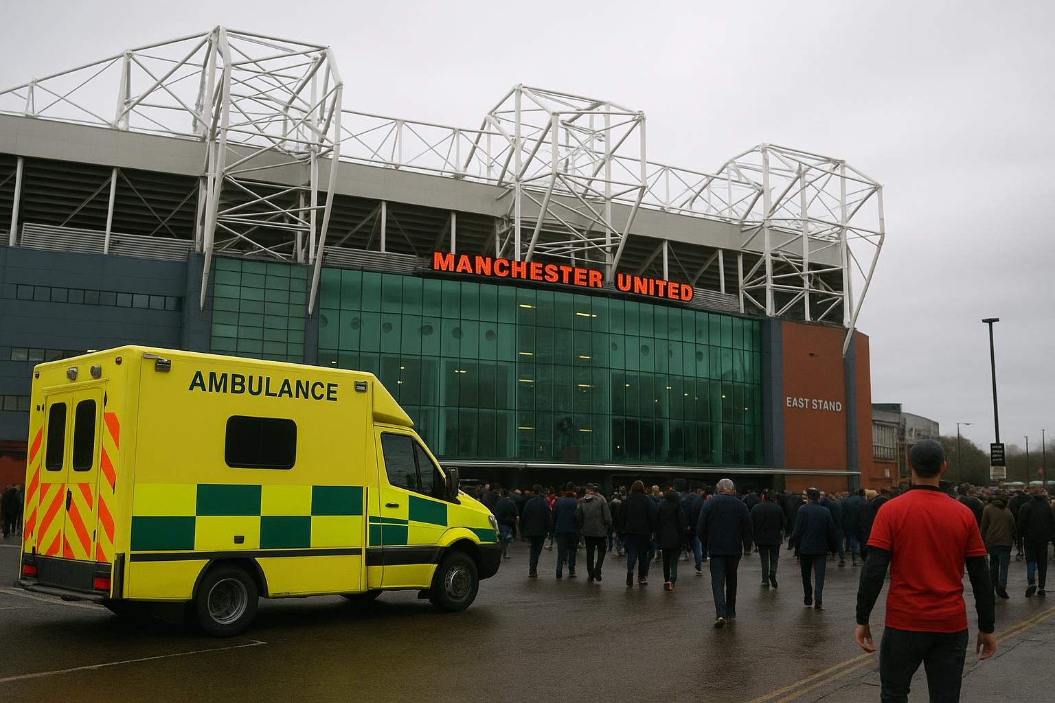 Sfeerbeeld rond Old Trafford met een ambulance op wedstrijddag