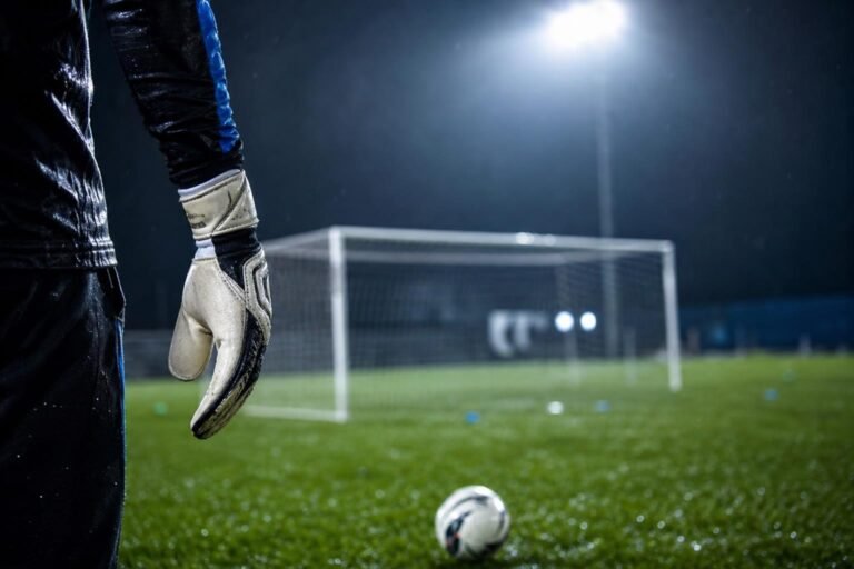 Doelmanshandschoenen bij een leeg doel in een Club Brugge-context
