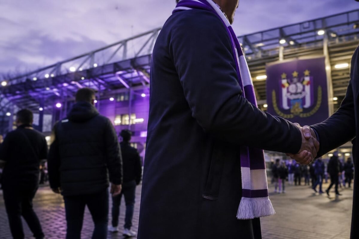 Transfercontext rond RSC Anderlecht met paars-witte sfeer en stadiondrukte.