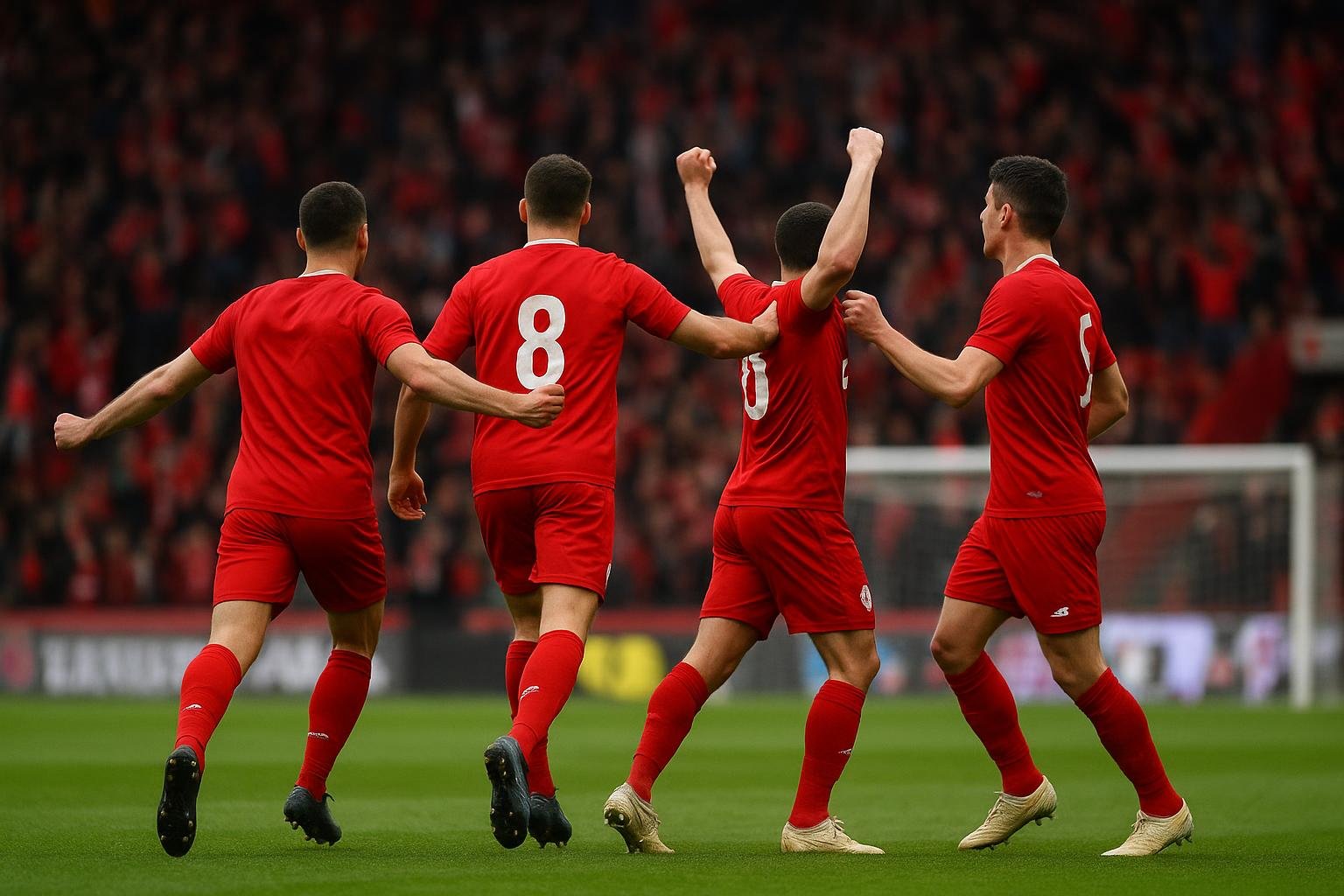 Spelers van Standard vieren een doelpunt op de Bosuil tegen Royal Antwerp FC