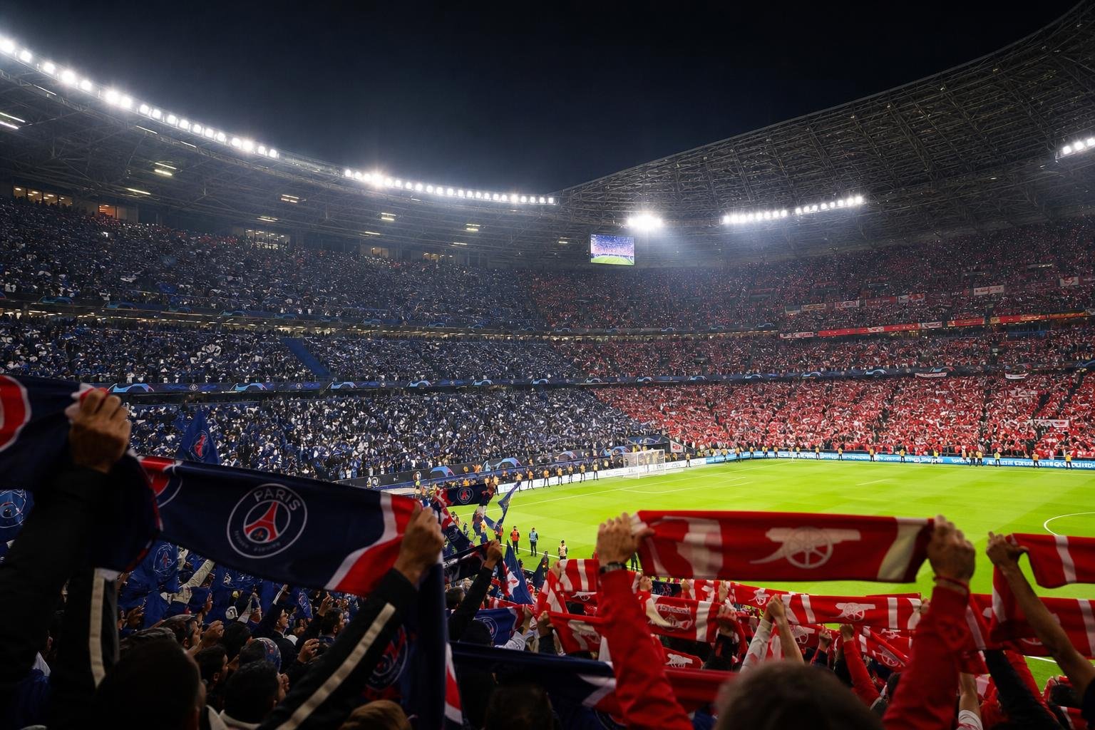 Finalesfeer rond PSG en Arsenal in Boedapest met stadionlichten en supporters