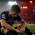 Vermoeide voetballer na een lange Europese wedstrijd
