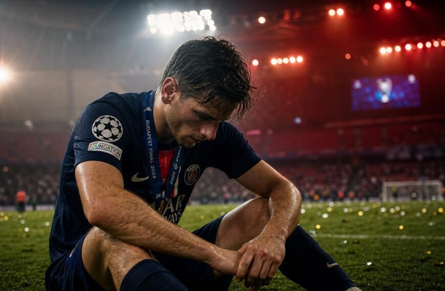 Vermoeide voetballer na een lange Europese wedstrijd