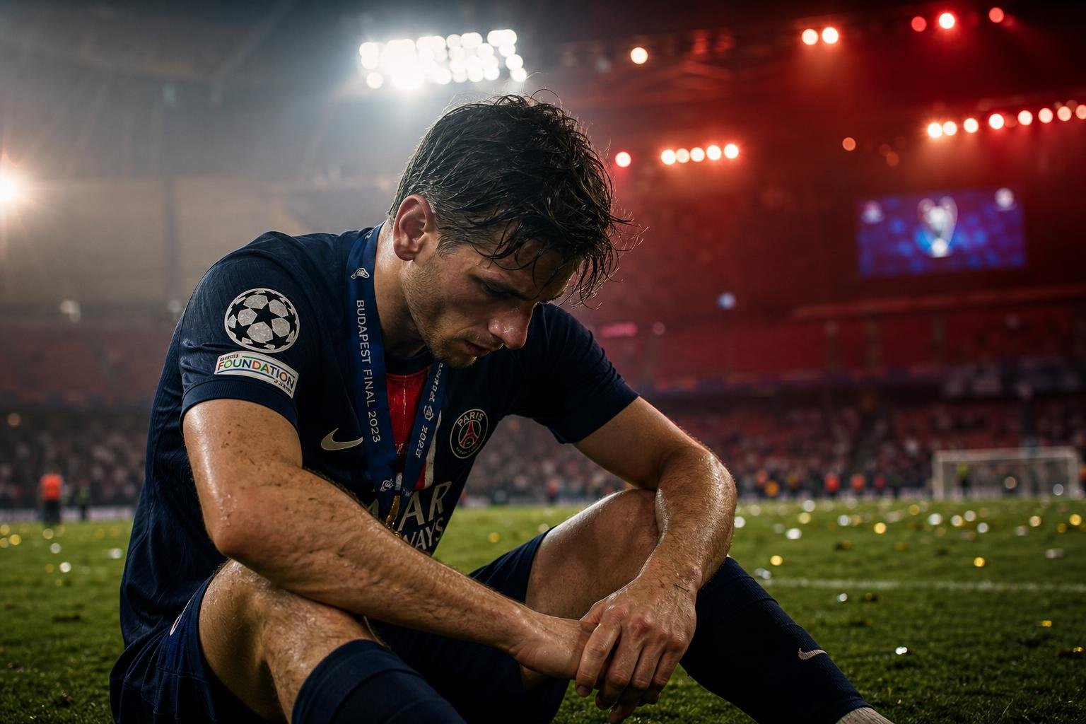 Vermoeide voetballer na een lange Europese wedstrijd
