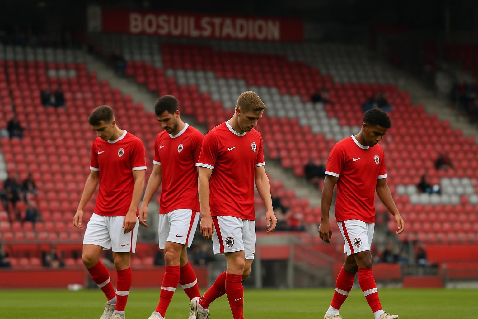 Teleurgestelde spelers van Royal Antwerp FC op de Bosuil na de zware nederlaag tegen Standard