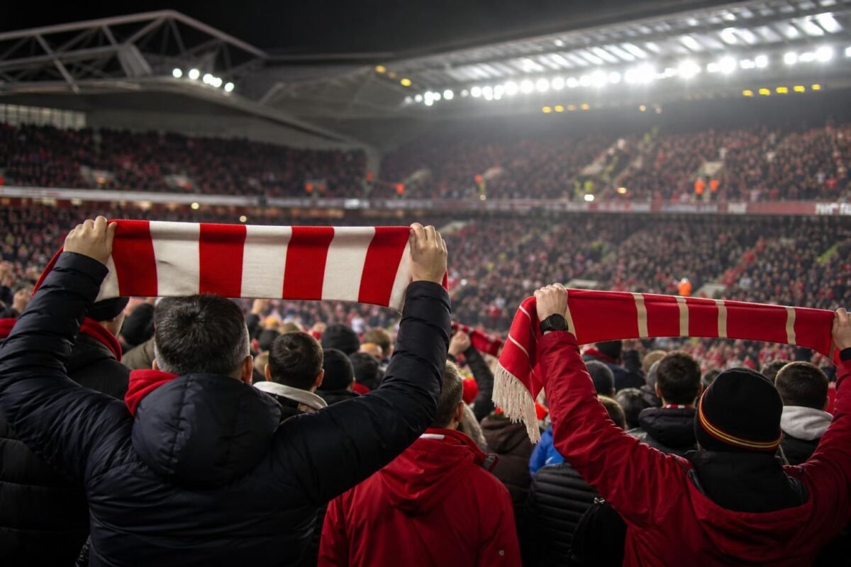 Liverpool-supporters reageren in een stadioncontext na het vertrek van Arne Slot.