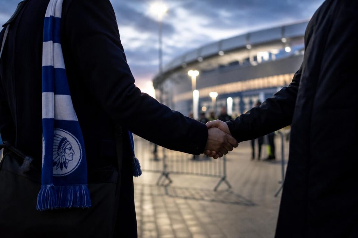 Transfergerichte sfeer rond KAA Gent met stadioncontext zonder herkenbare gezichten