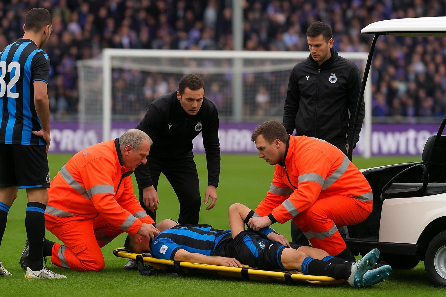 Een brancard wordt het veld op gedragen tijdens Anderlecht tegen Club Brugge in de Champions' Play-Offs.