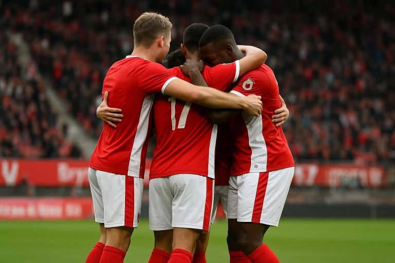 Spelers van Standard vieren een doelpunt op het veld van Royal Antwerp FC in de Europe Play-offs.