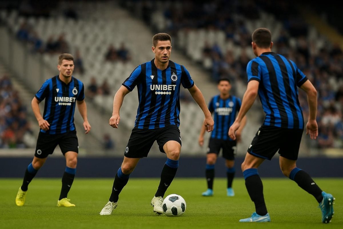Spelers van Club Brugge vieren op het veld in het Lotto Park na de zege tegen Anderlecht