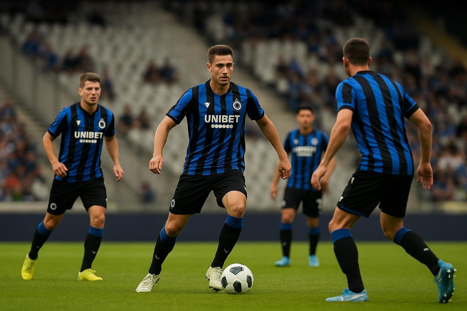 Spelers van Club Brugge vieren op het veld in het Lotto Park na de zege tegen Anderlecht