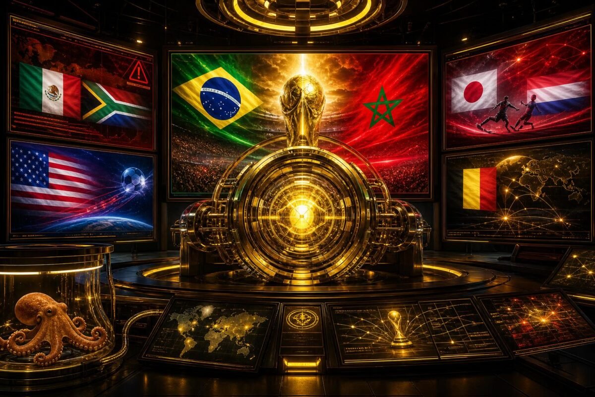 Gouden VoetbalFocus Prediction Engine met wereldkaart, WK-groepen en Paul de Octopus in een observatiecapsule