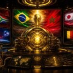 Gouden VoetbalFocus Prediction Engine met wereldkaart, WK-groepen en Paul de Octopus in een observatiecapsule