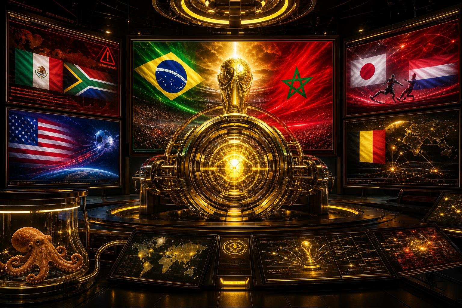 Gouden VoetbalFocus Prediction Engine met wereldkaart, WK-groepen en Paul de Octopus in een observatiecapsule