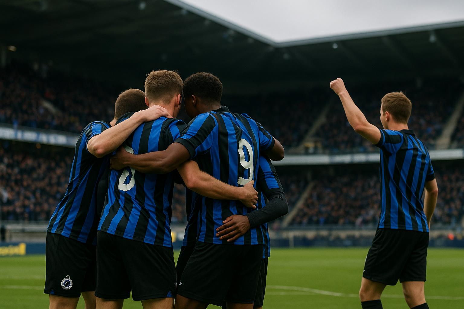 Spelers van Club Brugge vieren op het veld in het Lotto Park na de zege tegen Anderlecht.